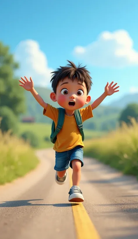 3d、Ultra HD、Side view、There is a shadow、Country road in the background、Photorealistic、blue sky、A male elementary school student is running with his arms raised、The male elementary school student has split legs