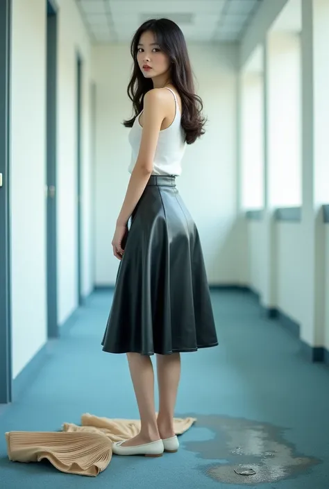 A beautiful lady, asian, Japanese,
Long hair, 
Medium height,
Turning-around in front of white wall in an office with light blue carpet,
One beige long pleated skirt was dropped on the ground,
Wearing a white camisole,
Wearing a shiny black leather big a-l...