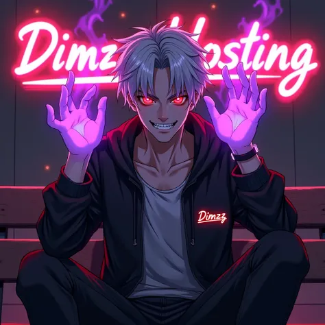 3D 1k make me an anime illustration of a 20 year old guy he is very handsome and Coll and he has white hair and his eyes are glowing red and he is smiling creepily and he is sitting on a bench and his hands are emitting purple fire and behind him there is ...