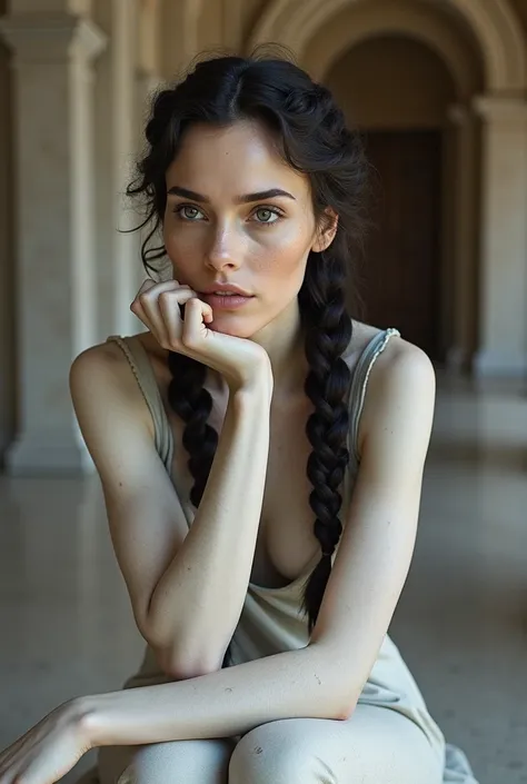 very pretty woman Adrianalima long curly dark hair tied in braids tattooed skin and freckles light gray eyes, formed by statue-type stone, She is sitting on a pedestal with her hand on her chin in the background of a beautiful museum 