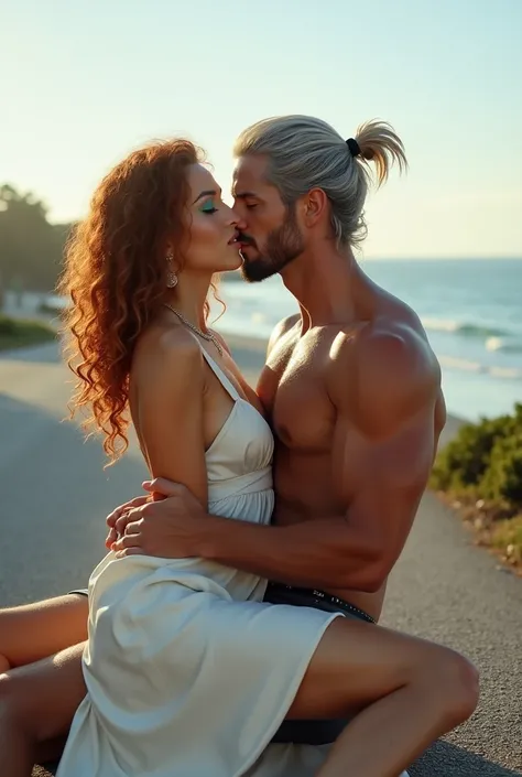 a pareja en medio de a carretera con vista a la playa) a (Beautiful woman face Lorena very long bronze red hair super curly emerald green eyes full lips beautiful makeup) wearing a white silk dress kissing him with tongue sitting on top of him ) a young ma...