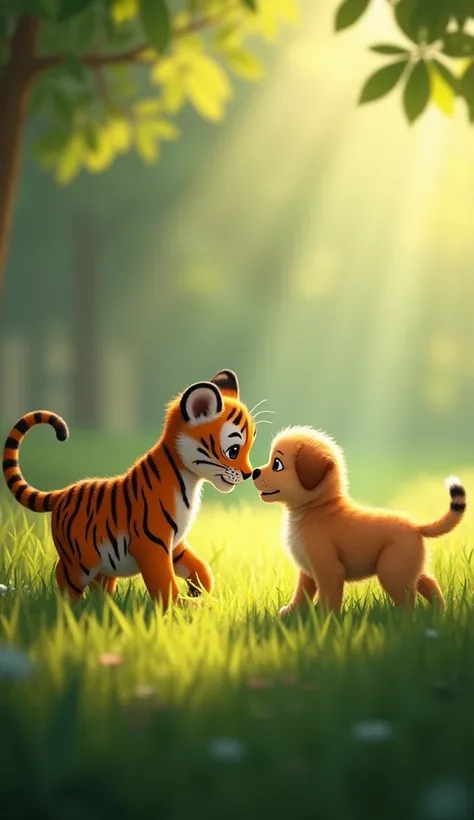 Introduction] (Soft music fades in. The camera shows a playful tiger cub and a puppy sniffing each other.)