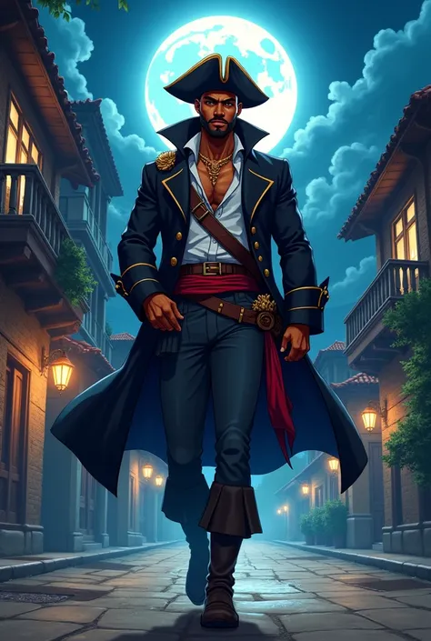 anime style A handsome African-American pirate, his brown skin glistening in the moonlight, strides through the deserted streets of a quaint island town at night.