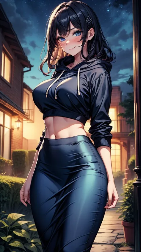 ((((masterpiece, best quality, high detail)))), beautiful woman, bright blue eyes, shy, full-face blush, seductive smile, smirk, smug, solo focus, (large breasts), long wavy hair, (dark blue hair), hairpin, ((blue hoodie)), black maxi pencil (((skirt))), b...