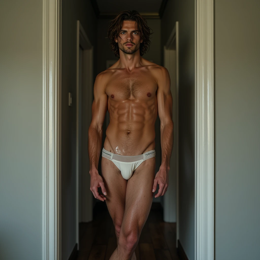 complete view of an unclothed man, 20 years old, long brown wet hair, messy, blue eyes, stubble, smile, striking elongated face, very slim figure, broad shoulders, lots of damp hair on the chest, very narrow hips, six pack, tanned skin, Drops of water on t...