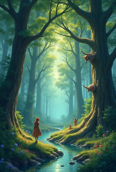 Viral anime nature wallpaper in 4K quality, in the style of digital illustration inspired by Hayao Miyazaki, featuring a serene forest with towering ancient trees, dappled sunlight filtering through the leaves, a gentle stream flowing through the scene, an...