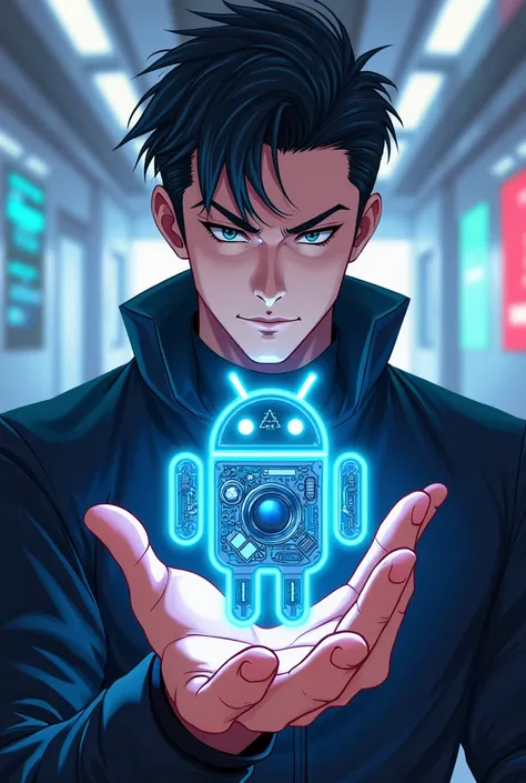 Man with Android symbol in hand anime style 