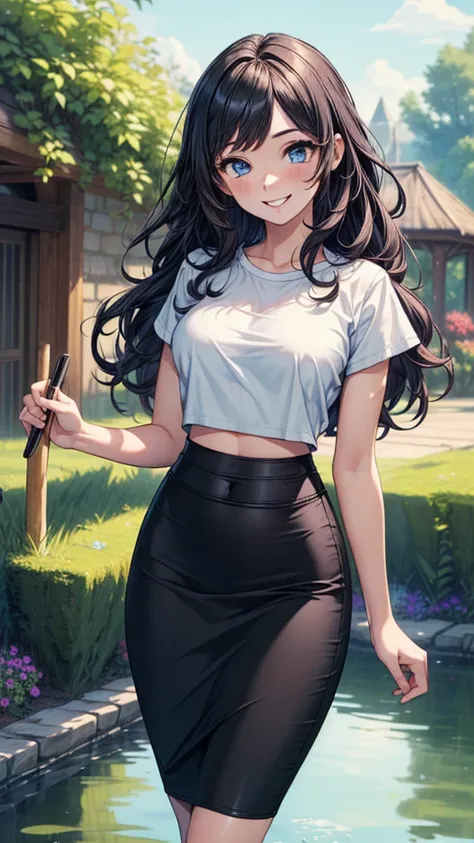 (((((masterpiece, best quality, high detail))))), beautiful woman, bright blue eyes, (smiling, happy, laugh), blush, solo focus, long wavy hair, purple hair, (white t-shirt crop top), (black midi pencil ((skirt))), ((((long black skirt)))), wide hips, midr...