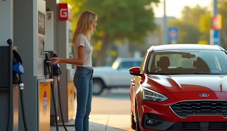 A blonde Brazilian woman standing in casual clothes paying a gas station attendant with a credit card and a Ford Focus car next to her.