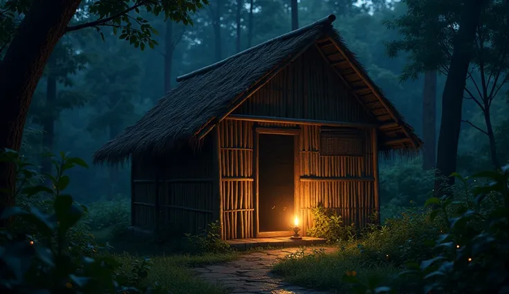 "A nighttime scene in the 1920s, in the village of Madiun, East Java, inside a bamboo hut located deep in the forest. The hut is softly illuminated by an oil lamp, creating a warm glow. Small insects are flying around, adding to the natural ambiance. The e...