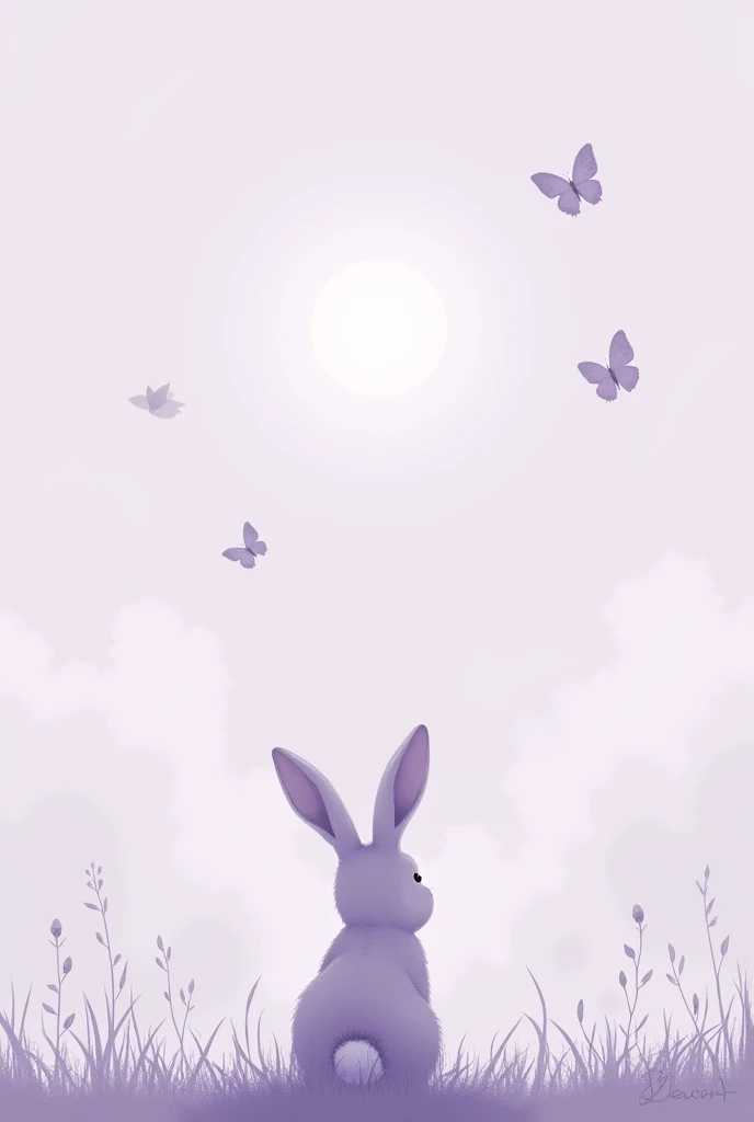 A rabbit looking at the moon seen from behind and small butterflies. Lavender Monochromatic Simple Style Drawing