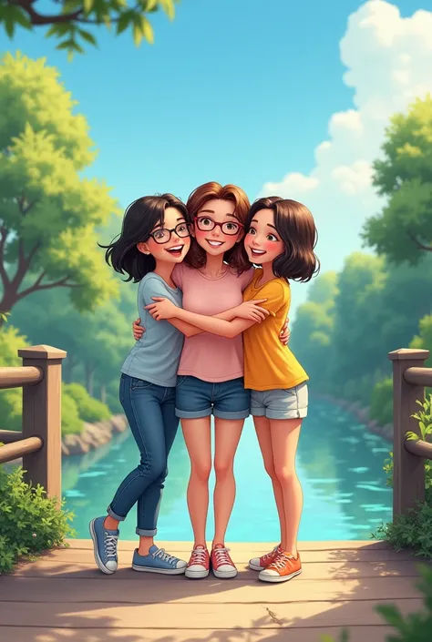 Disney-Piar Three cute teenage girls sitting on a bridge by the river, hugging each other, laughing happily. The left one wears glasses, has short straight hair, wears a T-shirt, 5-inch jeans, and shoes. The middle one has shoulder-length wavy hair, wears ...