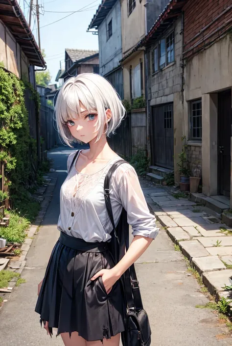 Anime girl with short white hair and old torn clothes standing in a village