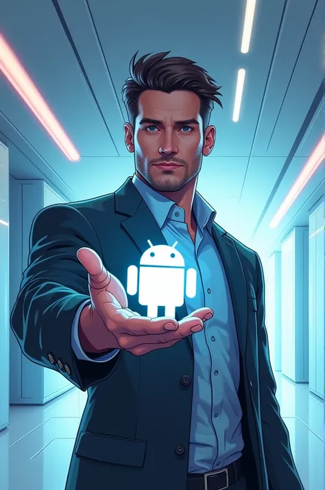 Man with Android symbol in hand illustration style 