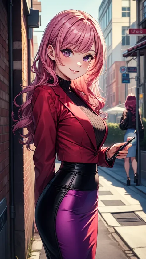 ((((masterpiece, best quality, high detail)))), beautiful business woman, smiling, long wavy hair, pink hair, red hair, purple hair, bright hair, (black blazer), (black midi pencil (((skirt)))), (long skirt), wide hips, (realism), city alley, office buildi...