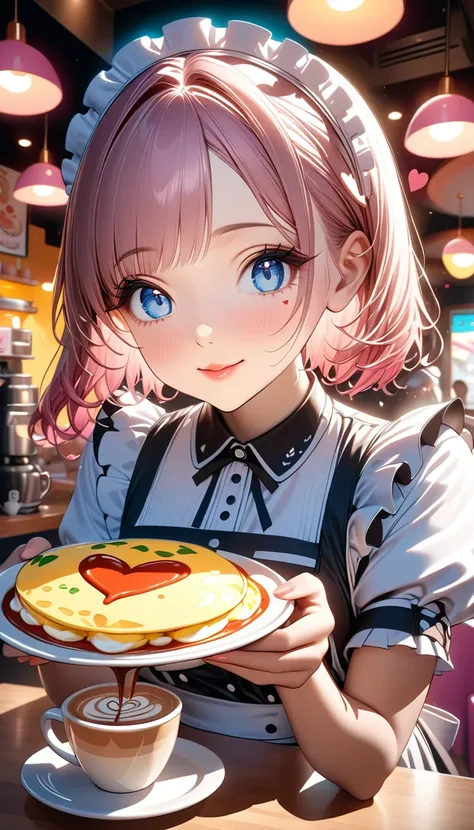 a beautiful maid in a colorful maid cafe, detailed maid uniform, moe moe aesthetic, heart-shaped ketchup design on fluffy omelet...