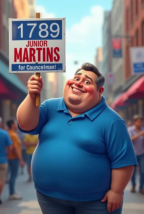 create a chubby guy in blue clothes holding a sign saying 11789, JUNIOR MARTINS FOR COUNCILMAN!