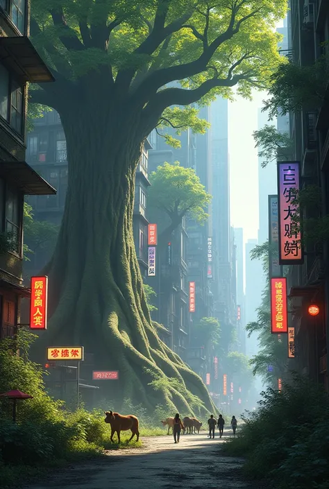 A futuristic city where nature has reclaimed much of the urban landscape. Skyscrapers are intertwined with massive tree roots, and wild animals roam freely on the streets. Neon signs and holographic billboards contrast with the greenery.