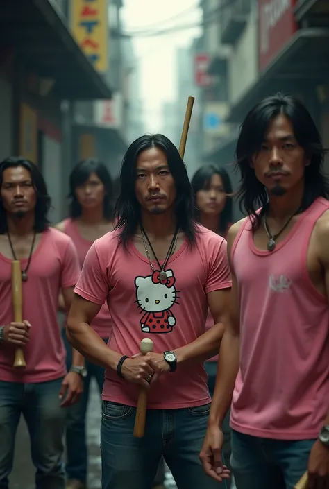 Photorealism 1.3 realism high quality epic realism realistic  gang of Asian gangster wearing pink shirt walk into alley hold baseball bats long hair wearing singlet hello kitty with angry faces