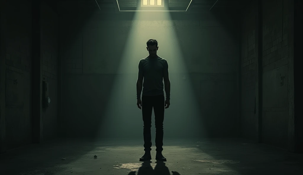 A room with a man standing and looking down. His hands are not in his pockets, and he is shown in full-body view
Create an illustration in a semi-realistic, noir-inspired style