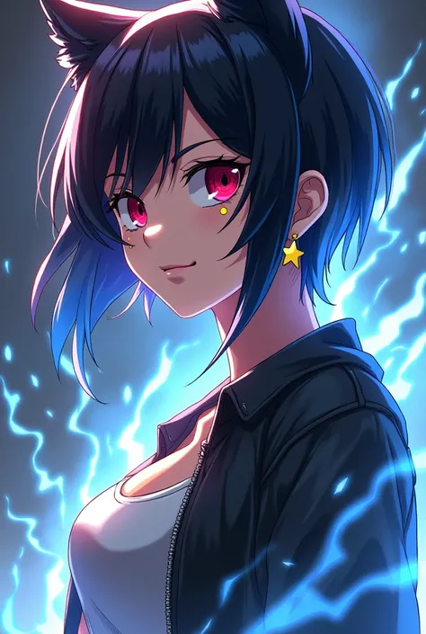 Boku no Hero Academia character. A girl with red eyes, short wolf-cut hair, black color with blue tips, a star tattoo under her left eye, and star earrings.  