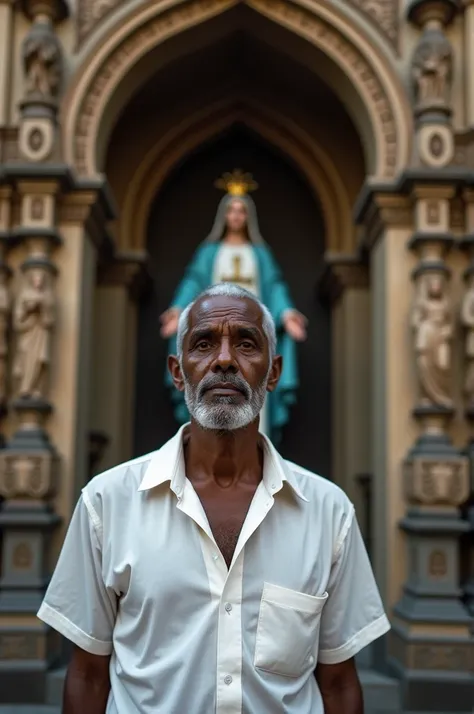 A dark-skinned man in a white shirt in front of the Virgin of Coromoto, a heritage site of Venezuela
