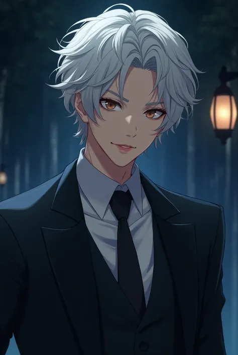 A beautiful pale masculine young asian man, sharp features, similar face to Gojo Satoru, no facial hair, with a beautiful reddish lip, a medium-long white curly hair, wearing a suit, looking at the camera, broad shoulders, small waist, night background