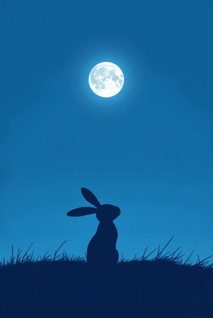 A rabbit looking at the moon seen from behind. Simple monochrome blue style drawing