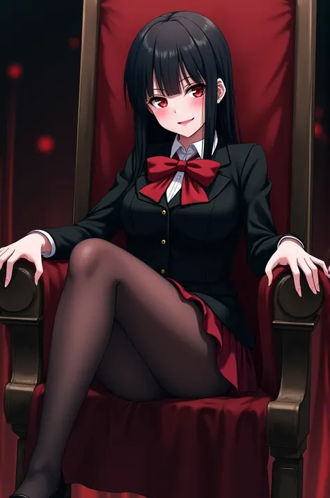 A drawing of a girl in anime style. the girl has pale skin, red eyes and long hair, straight and black. He is wearing the top part of a black suit. with a red bow, a dark red pleated skirt and dark brown sheer tights. as well as some black mary janes shoes...