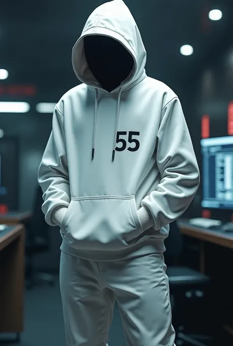 A hacker wearing all white clothes with a print that has the number 55