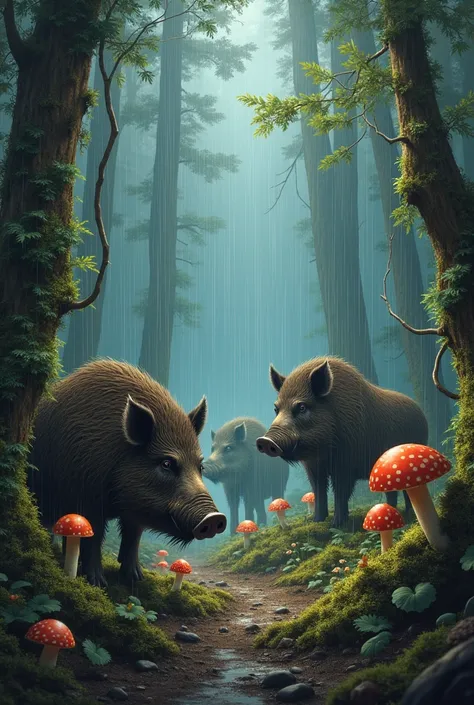 Wild boars Trees in the forest Rain Mushrooms and moss Street art