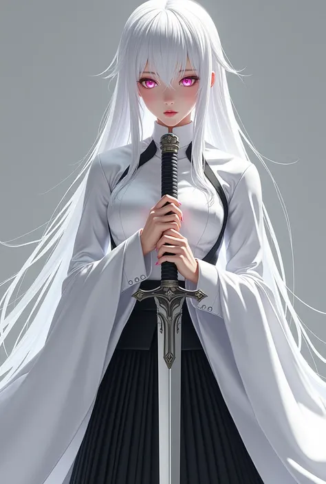 White hair, (pink eyes:1.1), black skirt, white uniform, pleated skirt, skirt, white cape, (best quality, masterpiece, RAW photo, ultra-detailed:1.2), 1 girl, solo, looking at viewer, beautiful female, long sword in hand