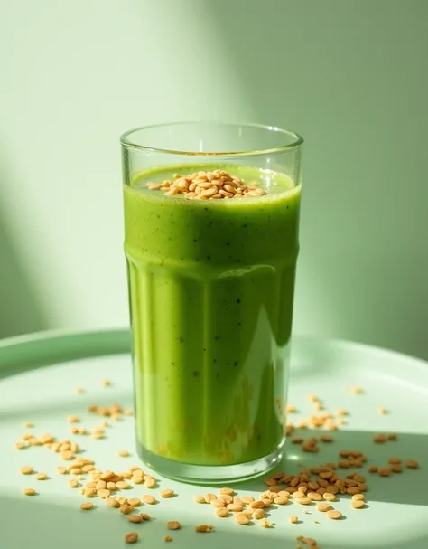 make me a picture of green protein smoothie with flax seed decoration in a glass 