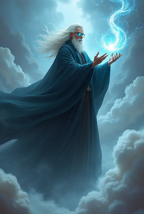 White-haired, long hair, Spectacled, 1.90 cm tall, medium muscle, White skinned, Black Robe, blue eyed, who directs the air with his hand, wizard, It is hanging in the air 