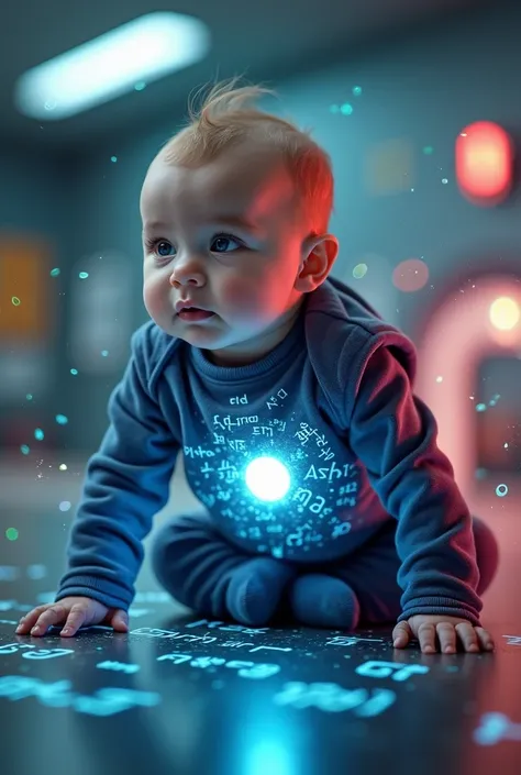 Holographic art | (zoom in), (closed angle) visão muito próxima, Portrait of bebê de seis meses wearing a classic iron man red and golden suit formed by glowing mathematical formula no interior de um berçário moderno, estilizado, berçário high-tech de vidr...