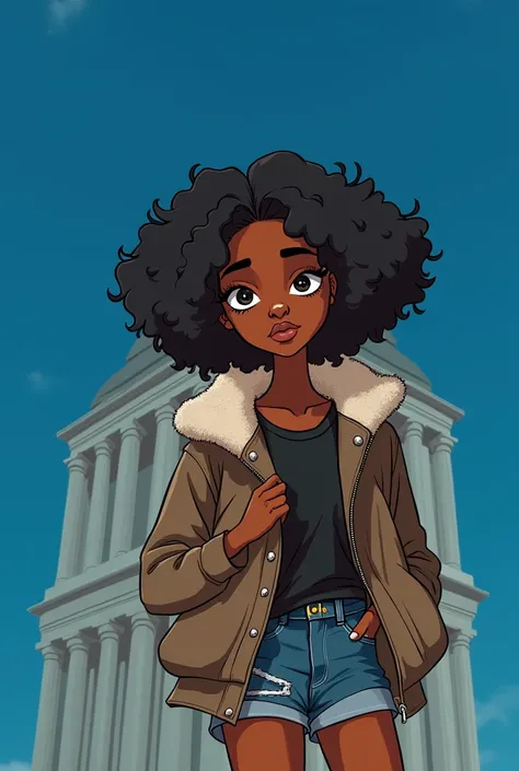 digital drawing, cartoon illustration of a black teenage girl with medium curly hair and a neutral expression