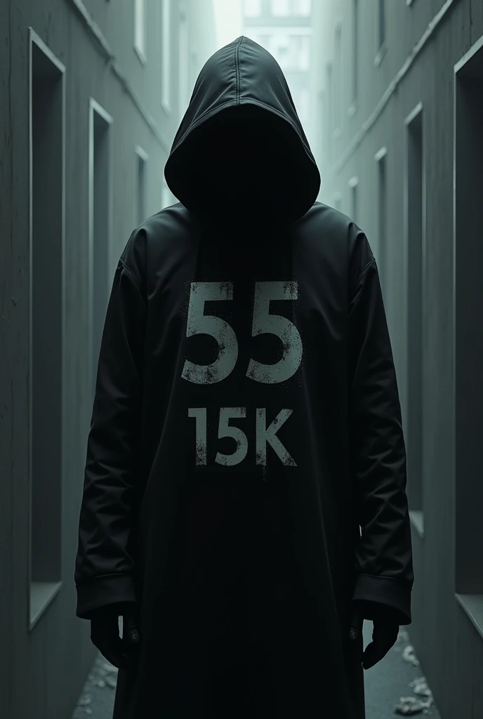 A hacker with a completely dark body and a print with the number 55 and behind it written 15K