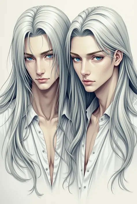 1 , 2 men, longye hair, blue colored eyes, simple background, cloused mouth, anatomically correcte, precise, illustration, 