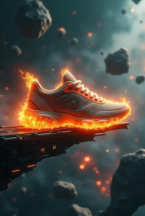 Draw a sneaker floating on a research platform in the middle of an asteroid belt. The tennis is on fire, with an enigmatic and striking logo, written in stylized letters: "TENNIS SHOES DETACHMENT". The search platform should look futuristic, with advanced ...