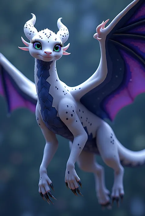 Female Night Fury with a unique design, Inspired by the style of How to Train Your Dragon This female Night Fury is distinguished by her elegant and delicate pure white scales, decorated with deep navy blue and black spots, creating a striking contrast. Th...