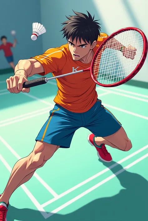 Genarate a photo A badminton player smashing sattle anime version  not girl 