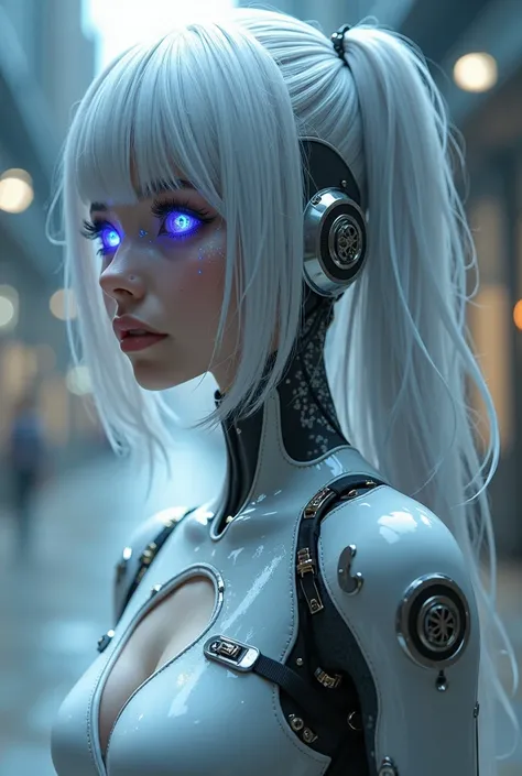 Yumi is a striking blend of organic beauty and cybernetic enhancements. Sleek silver hair frames her porcelain face, where glowing blue circuitry patterns dance beneath translucent skin. Her lithe body is encased in a form-fitting latex bodysuit, adorned w...