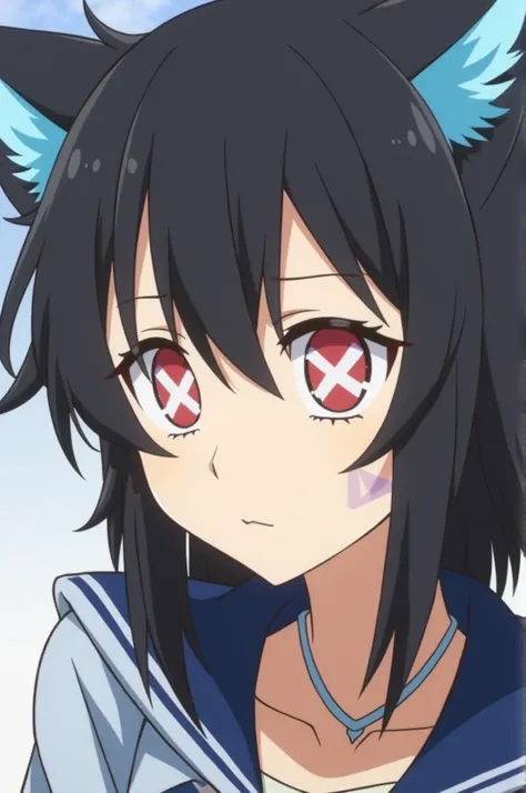 A character from the anime Boku no Hero. She is a girl with a wolf-like haircut, black hair with blue tips, square-shaped red eyes with a white square in the middle, a star tattoo under her left eye, and light skin tone.  