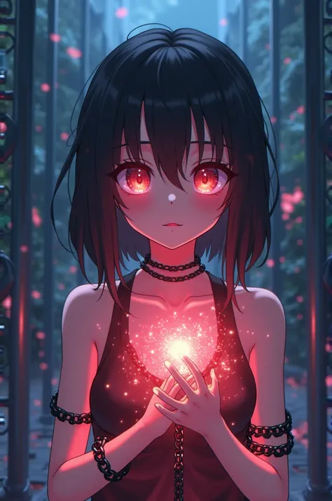 Anime, 4K, High quality, Best Quality, Dramatic, Fantasy, Movie, Adult, Cute chained up anime girl, eyes emitting light, huge aura forming through her body, eyes glowing bright