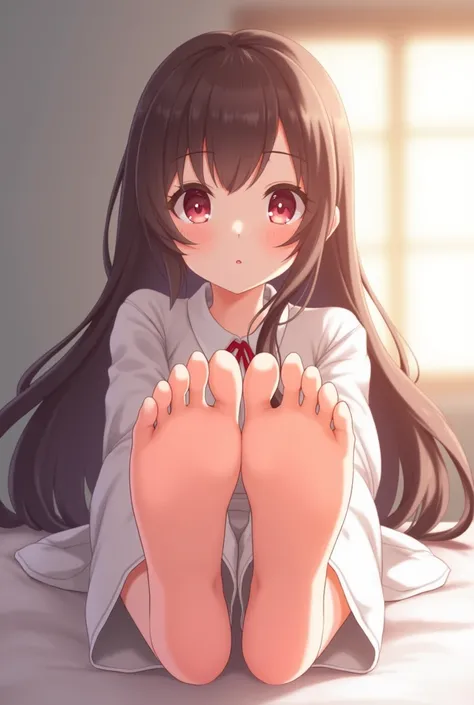 In anime style with a little realism, an beautiful girl with long hair put her feet and legs on the table and show her sole feet in face to the camera first person, Alta resolução, 1 , Preciso, Melhor qualidade, Anatomicamente correto, beautiful feet, perf...