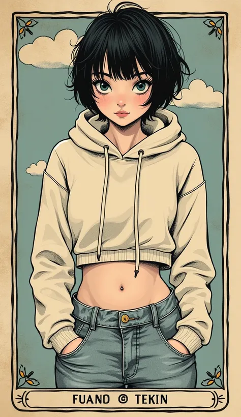 masterpiece, simple tarot aesthetics, masturbation fucking, tarot vintage simple, junior teen girl, provoke herself, hoodie, vintage high waisted jeans, relaxed pose,short haircut,king|rubio, parts, vintage line art aesthetic, look around