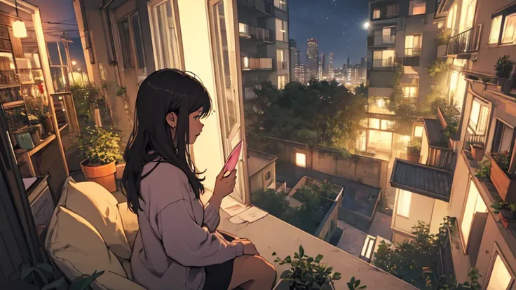 (best quality:0.8), side view of bedroom in apartment, girl sitting in bedroom using computer, garden outside on balcony, cityscape at night, cozy atmosphere