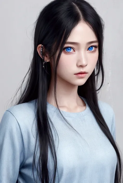 1 girl, Long hair, textured skin, High resolution, UHD, Very detailed, high quality, High details, black hair, blue eyes, realism, punk woman, young asian, white, casual clothes