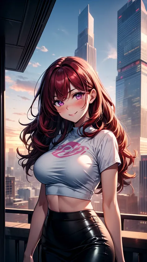 (masterpiece, best quality, high detail),  beautiful woman, bright purple eyes, full-face blush, smile, smirk, smug, solo focus, large breasts, (long wavy hair), (dark red hair), hairpin, (pink t-shirt crop top), black (maxi) (pencil ((skirt))), (((long sk...