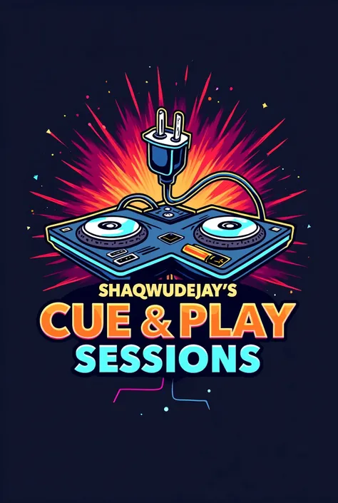 Create me a cool and dope logo for a YouTube live mix series called ShaQwuDeejays cue & Play unplugged sessions. The logo should be ontop and the name beneath. The logo should include cue and play buttons from a Cdj and a plug that is being removed from a ...